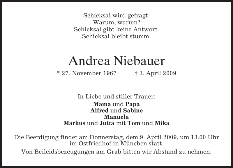  Traueranzeige für Andrea Niebauer vom 08.04.2009 aus MERKUR & TZ