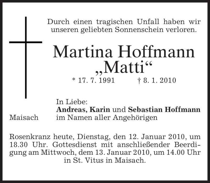  Traueranzeige für Martina Hoffmann vom 12.01.2010 aus MERKUR & TZ