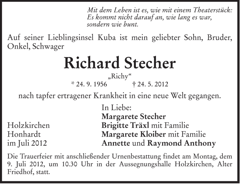  Traueranzeige für Richard Stecher vom 06.07.2012 aus MERKUR & TZ