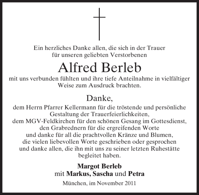  Traueranzeige für Alfred Berleb vom 16.11.2011 aus MERKUR & TZ