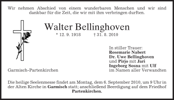 Traueranzeige von Walter Bellinghoven von MERKUR & TZ