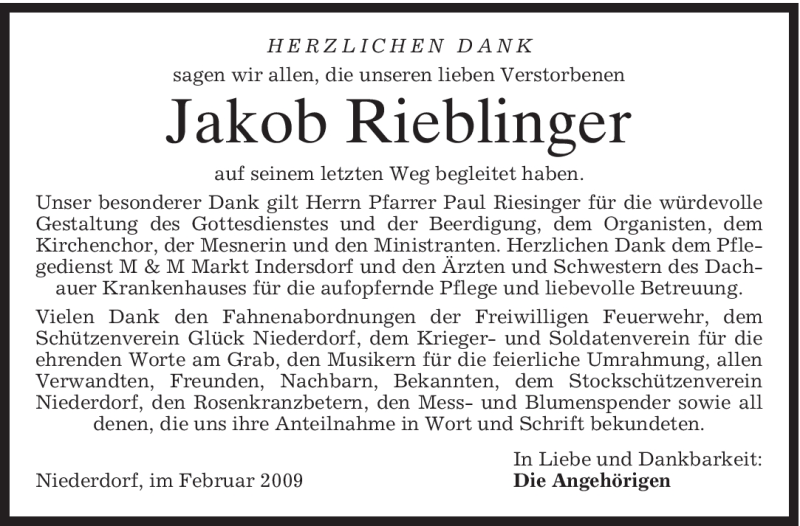  Traueranzeige für Jakob Rieblinger vom 07.02.2009 aus MERKUR & TZ