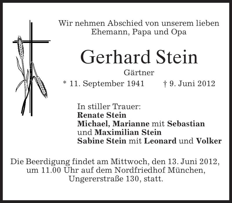  Traueranzeige für Gerhard Stein vom 13.06.2012 aus MERKUR & TZ