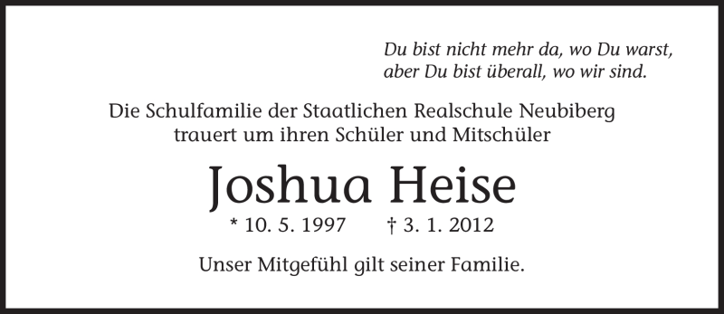 Traueranzeige für Joshua Heise vom 11.01.2012 aus MERKUR & TZ