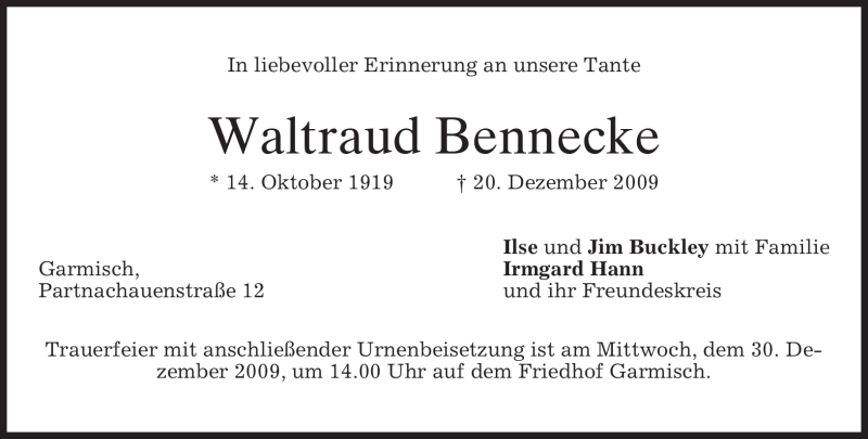  Traueranzeige für Waltraud Bennecke vom 28.12.2009 aus MERKUR & TZ