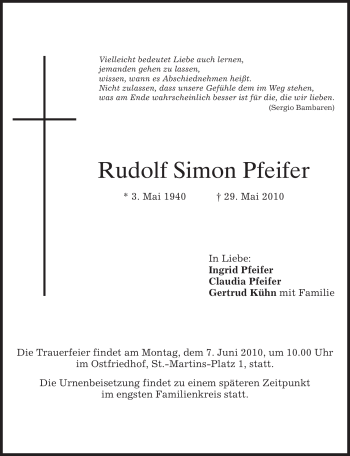 Traueranzeige von Rudolf Simon Pfeifer von MERKUR & TZ