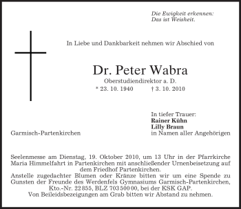 Traueranzeige von Peter Wabra von MERKUR & TZ