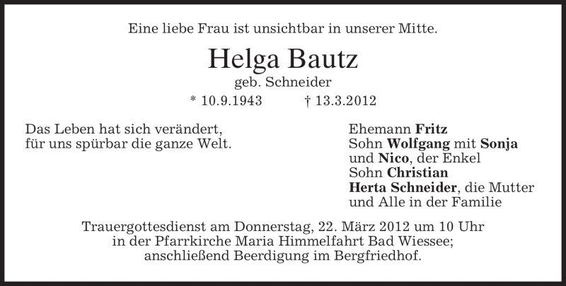  Traueranzeige für Helga Bautz vom 20.03.2012 aus MERKUR & TZ