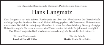 Traueranzeige von Hans Langmatz von MERKUR & TZ