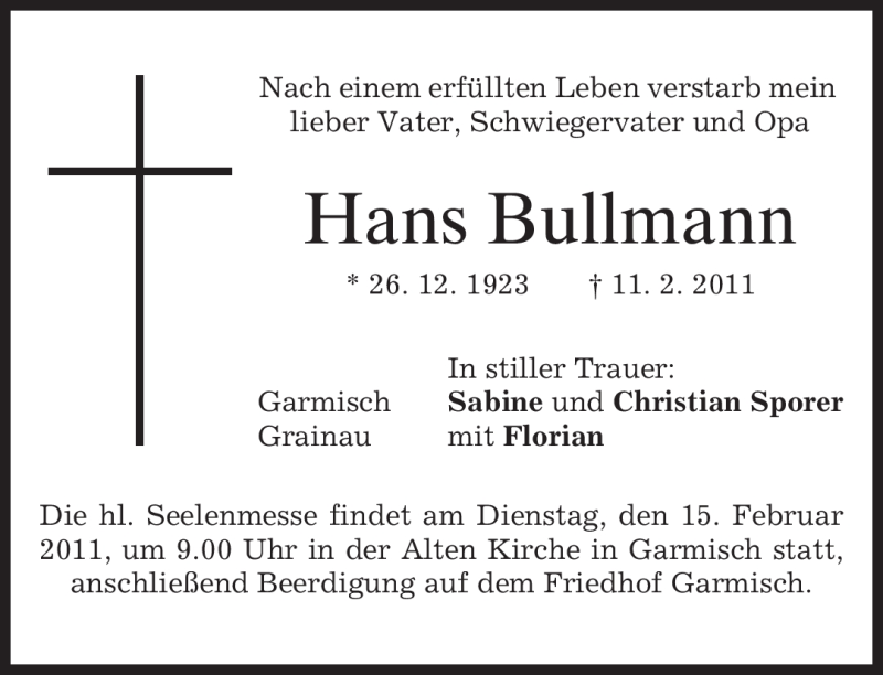  Traueranzeige für Hans Bullmann vom 14.02.2011 aus MERKUR & TZ