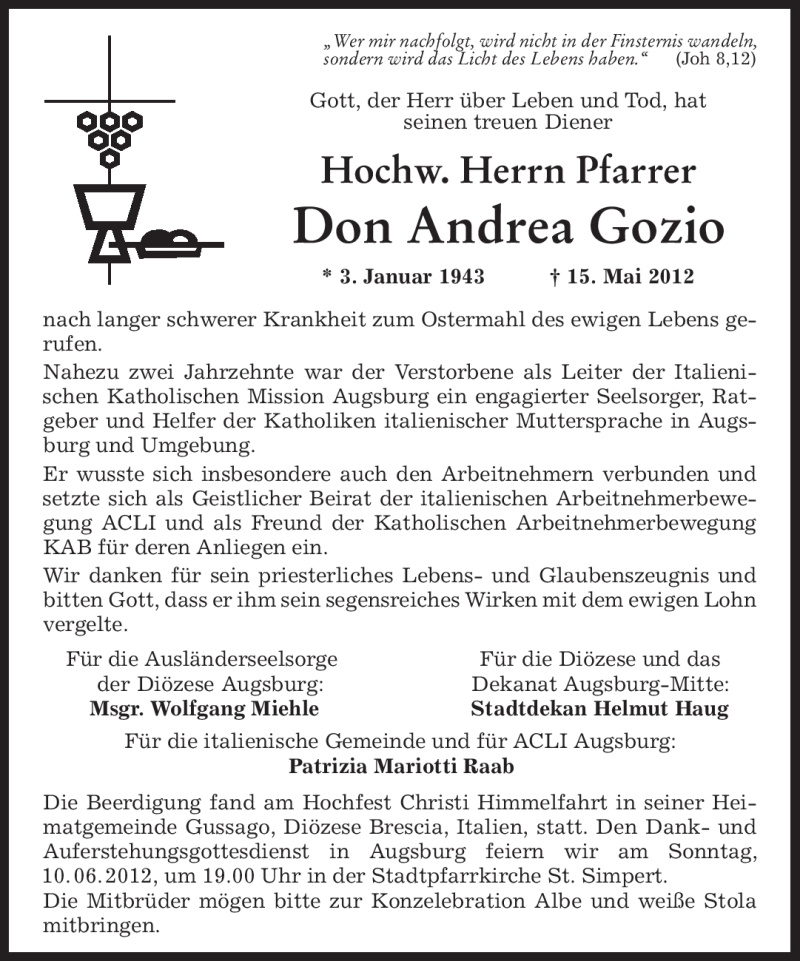 Traueranzeige für Don Andrea Gozio vom 19.05.2012 aus MERKUR & TZ