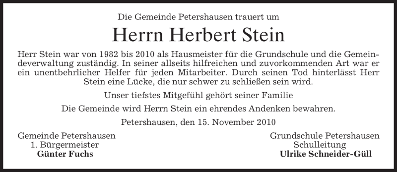  Traueranzeige für Herbert Stein vom 16.11.2010 aus MERKUR & TZ