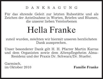 Traueranzeige von Hella Franke von MERKUR & TZ