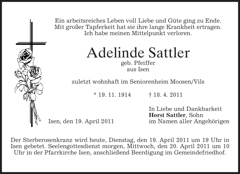  Traueranzeige für Adelinde Sattler vom 19.04.2011 aus MERKUR & TZ