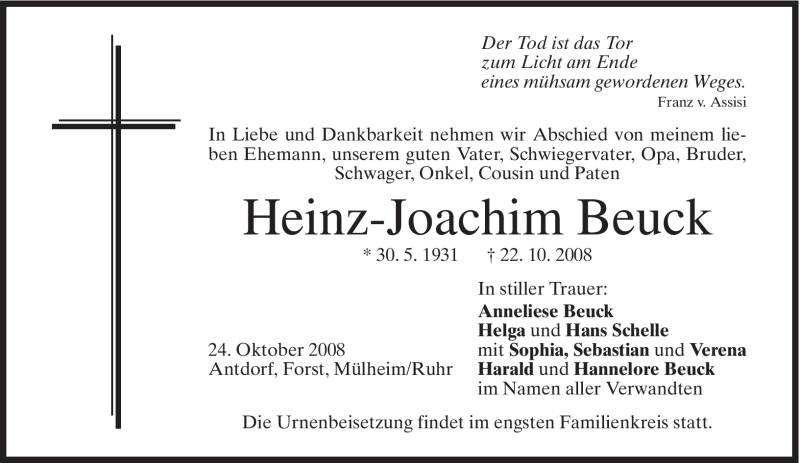  Traueranzeige für Heinz-Joachim Beuck vom 24.10.2008 aus MERKUR & TZ