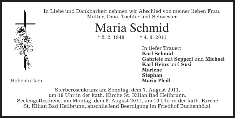  Traueranzeige für Maria Schmid vom 05.08.2011 aus MERKUR & TZ