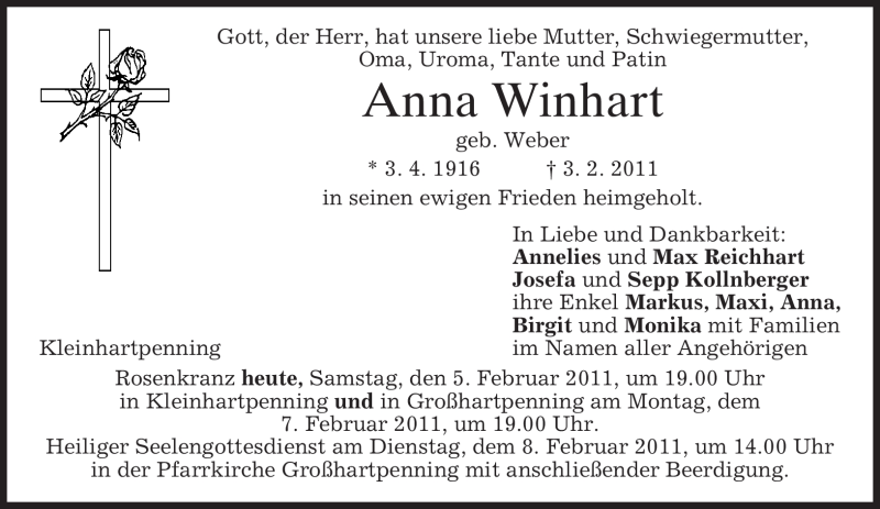  Traueranzeige für Anna Winhart vom 05.02.2011 aus MERKUR & TZ