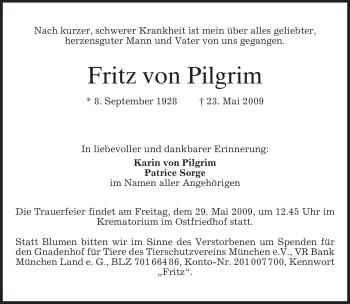 Traueranzeige von Fritz von Pilgrim von MERKUR & TZ