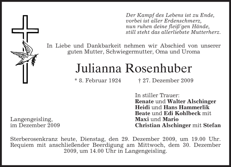  Traueranzeige für Julianna Rosenhuber vom 29.12.2009 aus MERKUR & TZ