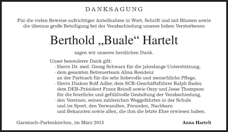  Traueranzeige für Berthold Hartelt vom 21.03.2015 aus merkurtz