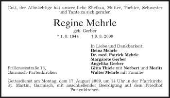 Traueranzeige von Regine Mehrle von MERKUR & TZ