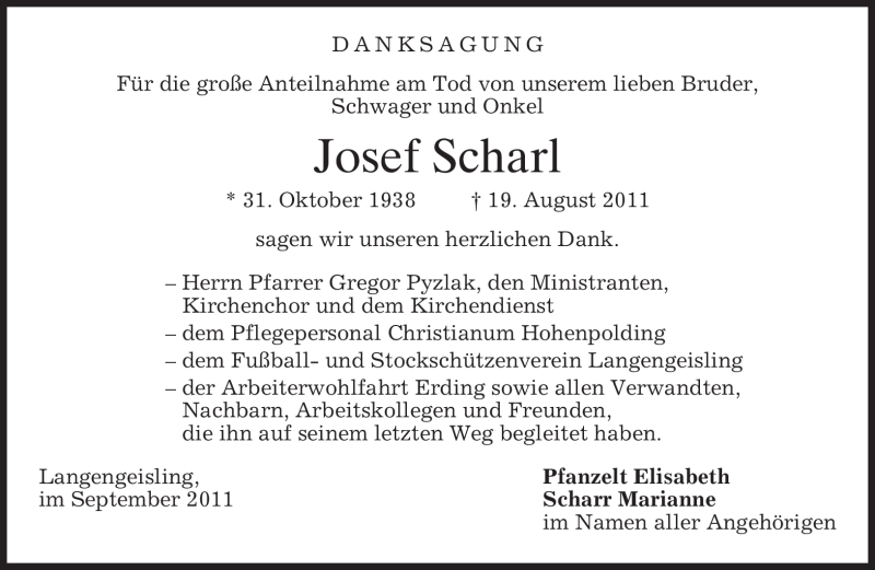  Traueranzeige für Josef Scharl vom 03.09.2011 aus MERKUR & TZ