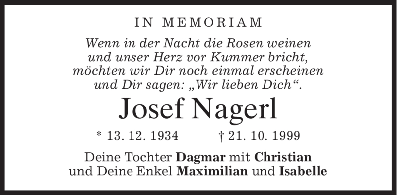  Traueranzeige für Josef Nagerl vom 21.10.2008 aus MERKUR & TZ