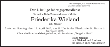 Traueranzeige von Friederika Wieland von MERKUR & TZ