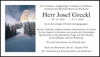 Traueranzeige von Josef Greckl von MERKUR & TZ