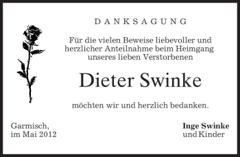 Traueranzeige von Dieter Swinke von MERKUR & TZ