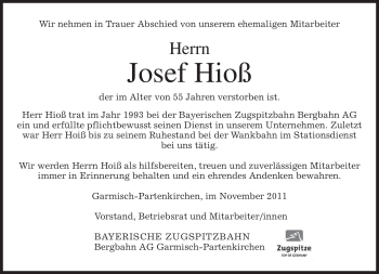 Traueranzeige von Josef Hioß von MERKUR & TZ