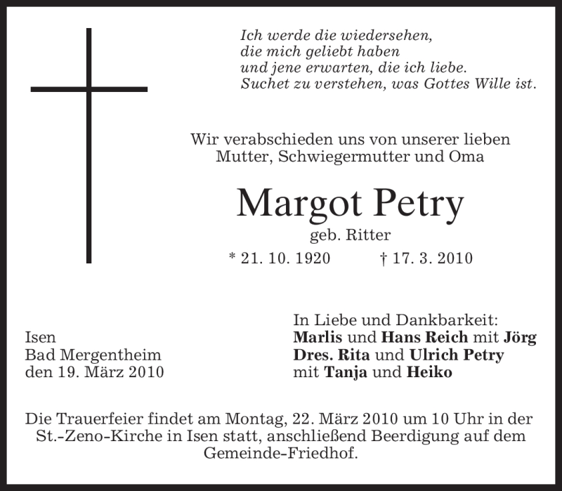  Traueranzeige für Margot Petry vom 19.03.2010 aus MERKUR & TZ