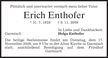 Traueranzeige von Erich Enthofer von MERKUR & TZ