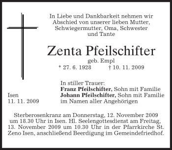 Traueranzeige von Zenta Pfeilschifter von MERKUR & TZ