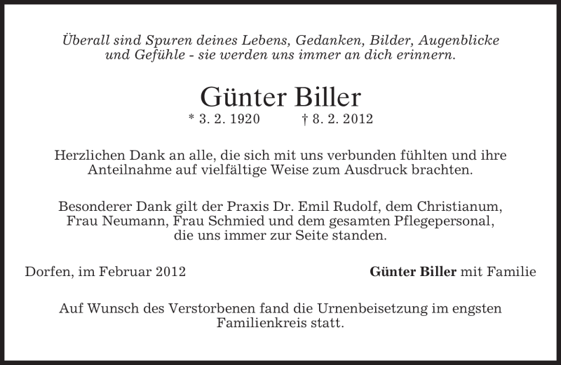  Traueranzeige für Günter Biller vom 29.02.2012 aus MERKUR & TZ