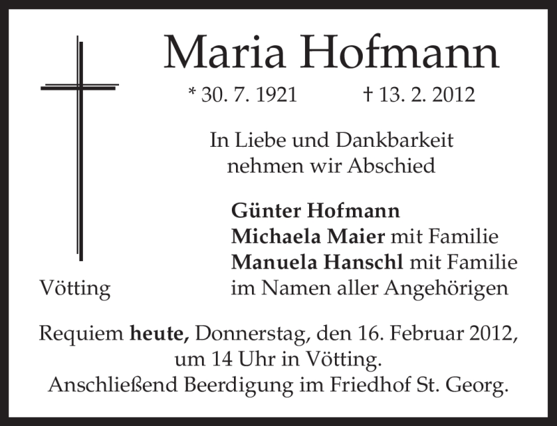  Traueranzeige für Maria Hofmann vom 16.02.2012 aus MERKUR & TZ