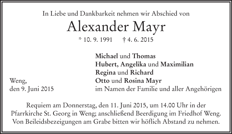  Traueranzeige für Alexander Mayr vom 09.06.2015 aus merkurtz