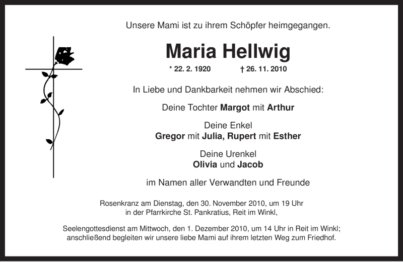  Traueranzeige für Maria Hellwig vom 29.11.2010 aus MERKUR & TZ