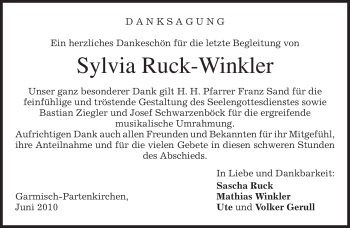 Traueranzeige von Sylvia Ruck-Winkler von MERKUR & TZ
