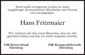 Traueranzeige von Hans Fritzmaier von MERKUR & TZ