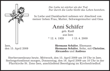 Traueranzeige von Anni Schäfer von MERKUR & TZ