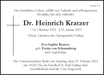 Traueranzeige von Heinrich Kratzer von merkurtz