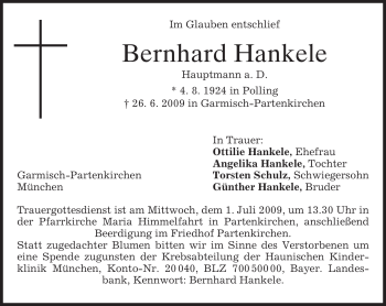 Traueranzeige von Bernhard Hankele von MERKUR & TZ