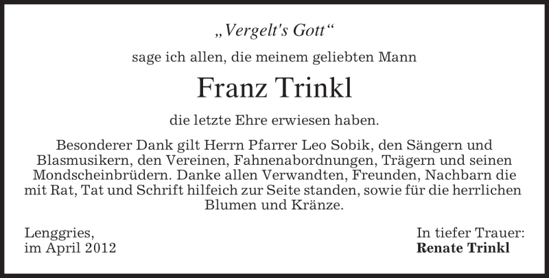 Traueranzeigen von Franz Trinkl | trauer.merkur.de