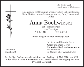 Traueranzeige von Anna Buchwieser von MERKUR & TZ