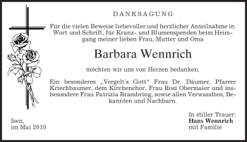 Traueranzeige von Barbara Wennrich von MERKUR & TZ