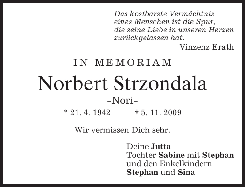  Traueranzeige für Norbert Strzondala vom 05.11.2010 aus MERKUR & TZ
