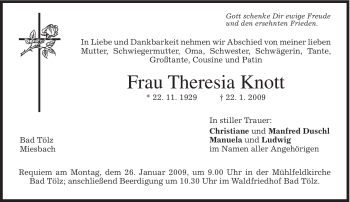 Traueranzeige von Theresia Knott von MERKUR & TZ