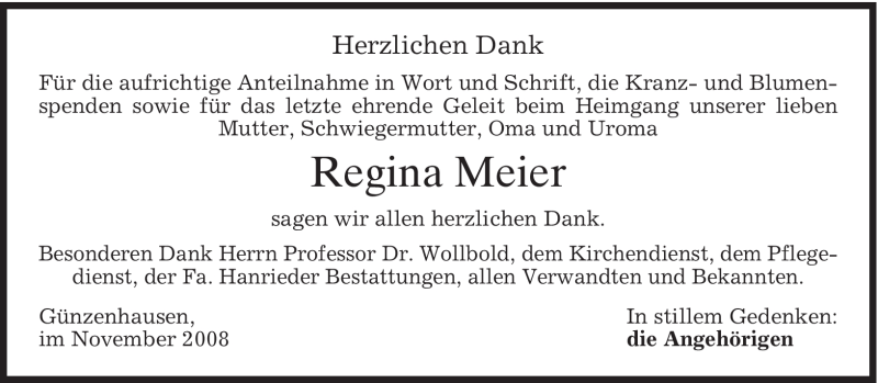  Traueranzeige für Regina Meier vom 22.11.2008 aus MERKUR & TZ