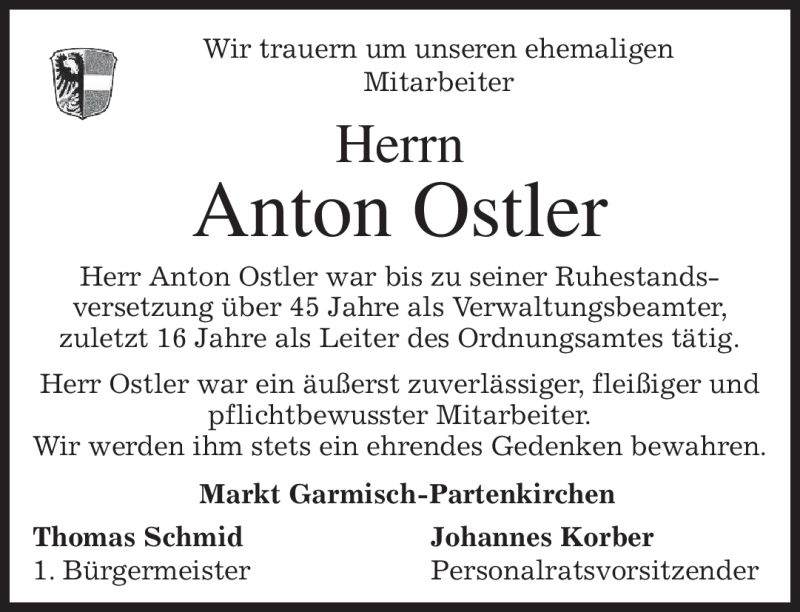  Traueranzeige für Anton Ostler vom 17.01.2012 aus MERKUR & TZ